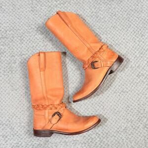 LUCCHESE Warm brown leather tall braided belted western cowboy cowgirl boots 6.5